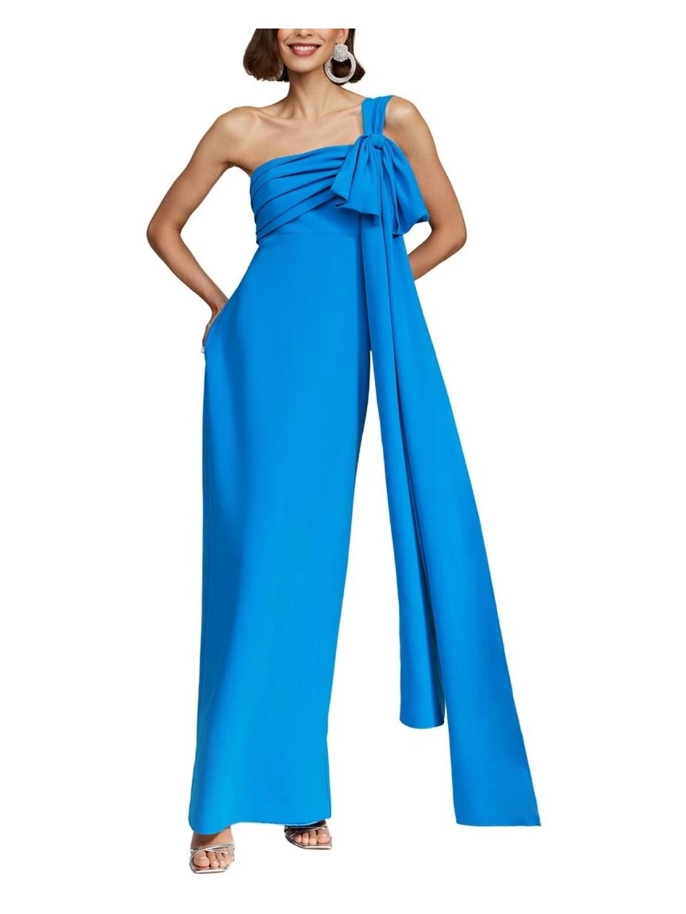 HALSTON Olivia One-Shoulder Bow Evening Maxi Gown Azul Blue Sz 6 NWT $585